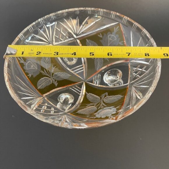 3-Footed Etched Crystal Bowl – Clear with Amber Rose & Leaf Design, 8.75" Diamet - Picture 5 of 7
